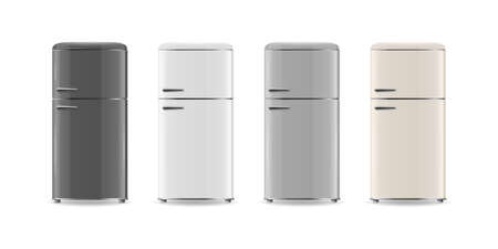 Vector 3d Realistic Black, White, Gray, Beige Fridge Icon Set Isolated. Vertical Refrigerators. Closed Fridges. Design Template, Mockup of Fridge. Front Viewのイラスト素材