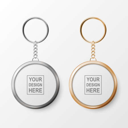 Vector 3d Realistic White Round Keychain, Silver and Golden Ring and Chain for Key Isolated on White. Button Badge with Ring. Plastic, Metal ID Badge with Chains Key Holder, Design Template, Mockupのイラスト素材