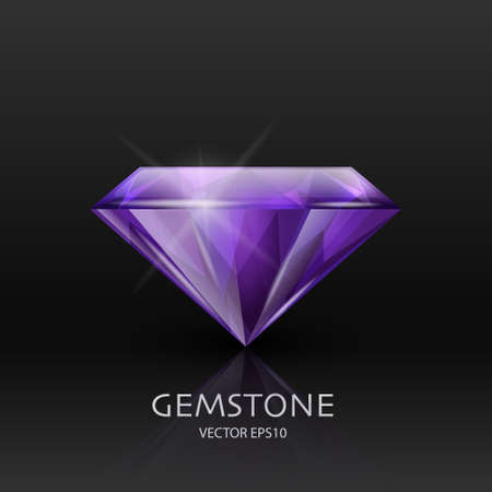 Vector Banner with 3d Realistic Purple Transparent Gemstone, Diamond, Crystal, Rhinestones Closeup on Black. Jewerly Concept. Design Template, Clipart. Side Viewのイラスト素材