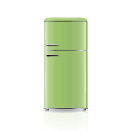 Vector 3d Realistic Green Retro Vintage Fridge Icon Isolated on White. Vertical Refrigerator. Closed Fridge. Design Template, Mockup of Fridge. Front Viewのイラスト素材