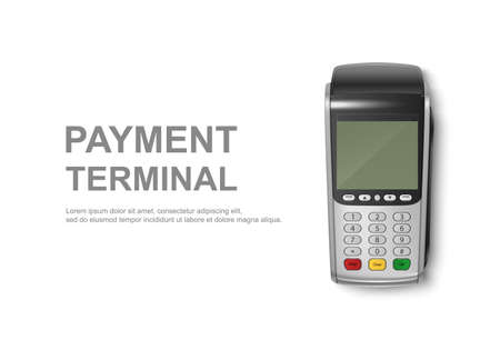 Vector Realistic Gray Silver 3d Payment Machine. POS Terminal Closeup Isolated on White Background. Design Template of Bank Payment Wireless Contactless Terminal, Mockup. Payments device. Top Viewのイラスト素材