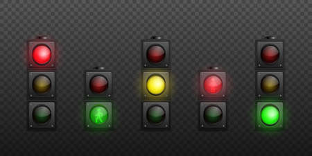 Vector 3d Realistic Detailed Road Turned on Traffic Light Icon Set Isolated. Safety Rules Concept, Design Templete. Stoplight, Traffic Lightsのイラスト素材