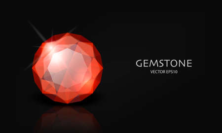 Vector Horizontal Banner with 3d Realistic Red Transparent Gemstone, Diamond, Crystal, Rhinestones Closeup on Black. Jewerly Concept. Design Template, Clipartのイラスト素材