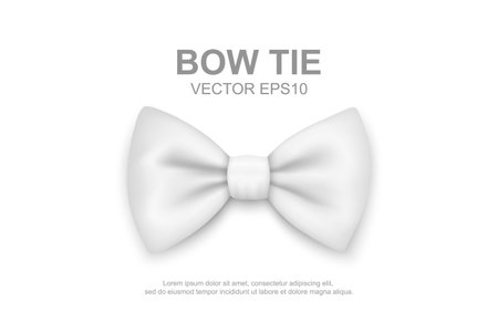 Vector 3d Realistic White Bow Tie Icon Closeup Isolated on White Background. Silk Glossy Bowtie, Tie Gentleman. Mockup, Design Template. Bow tie for Man. Mens Fashion, Fathers Day Holidayのイラスト素材