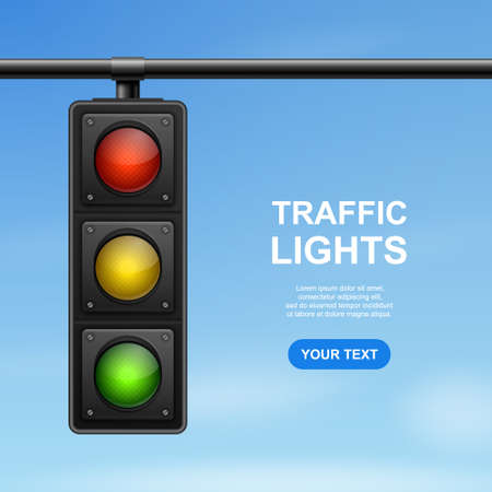 Vector Banner with 3d Realistic Detailed Road Traffic Lights on Blue Sky Background. Safety Rules Concept, Design Templete. Stoplight, Traffic Lights Templateのイラスト素材