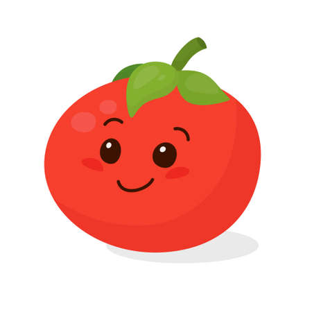 Cute Tomato Isolated on White Background. Funny Smiling Tomato. Vector Design Template for Banner, Card, T-shirt Print. Kids, Children, Baby, Vegan, Vegetarian, Food Conceptのイラスト素材