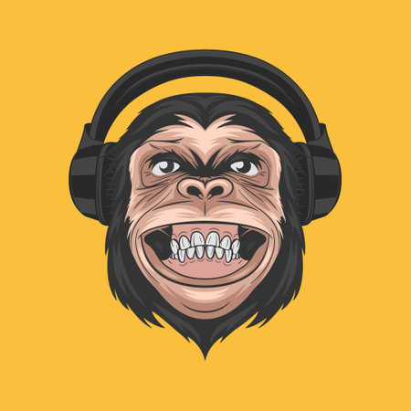 Vector Hand Drawn Smiling DJ Chimpanzee Ape with Headphones. Colored Abstract Funny Monkey Head for Wall Art, T-shirt Print, Poster. Cartoon Cute Chimp Monkey Icon, Logo, Illustrationのイラスト素材