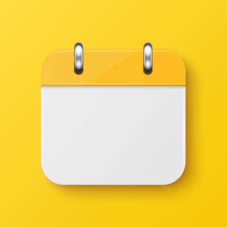 Vector 3d Realistic Simple Classic Minimalistic Yellow Calendar Icon on Yellow Wall Background. Design Template for Mockup. Paper Yellow Calendar on Wall. Background with Calendar, Copy Spaceのイラスト素材
