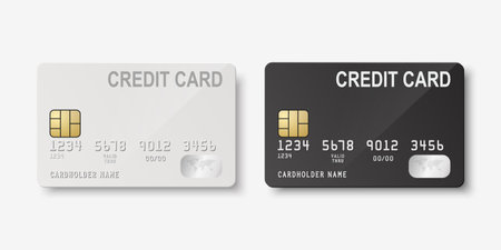 Vector 3d Realistic Black and White Blank Credit Card Isolated. Design Template of Plastic Credit or Debit Card for Mockup, Branding. Credit Card Payment Concept. Front Sideのイラスト素材