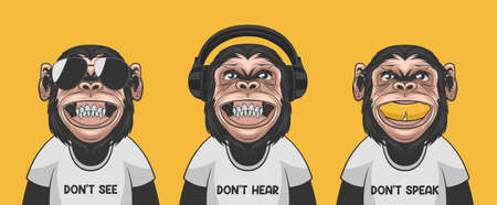 Dont See Dont Hear Dont Speak. Vector Smiling Chimpanzee Ape with Sunglasses, Headphones, Banana, Typography Quote. Funny Monkeys for Wall Art, T-shirt Print, Poster. Cartoon Cute Chimp Monkeyのイラスト素材
