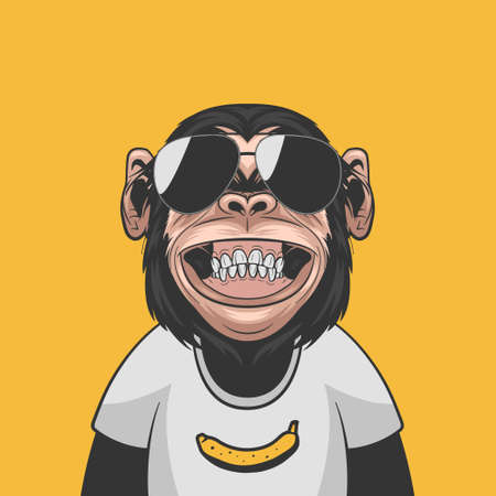Vector Funny Smiling Chimpanzee Ape with Sunglasses and Banana on His T-shirt on Yellow Background. Happy Monkey for Wall Art, T-shirt Print, Poster. Cartoon Cute Chimp Monkeyのイラスト素材