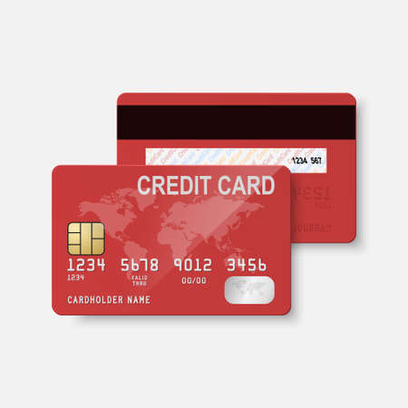 Vector 3d Realistic Red Credit Card with Map Isolated. Design Template of Plastic Credit or Debit Card for Mockup, Branding. Credit Card Payment Concept. Front Back Viewのイラスト素材