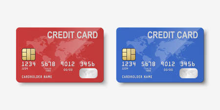 Vector 3d Realistic Red and Blue Blank Credit Card with Map Isolated. Design Template of Plastic Credit or Debit Card for Mockup, Branding. Credit Card Payment Concept. Front Sideのイラスト素材