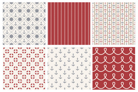 Vector Nautical Seamless Pattern Set. Sea, Marine Backgrounds. Seamless Texture, Hand Drawn Nautical Anchors, Marine Wheels, Ropes, Lifebuoys. Design Template for Textile, Wallpaper, Printのイラスト素材