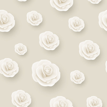 Vector Flower Seamless Pattern, White Realistic 3d Roses on Beige. Floral Seamless Background. Wedding Concept. Floral Illustration for Dreeting Card, Invitation, Textile, Wallpaper Flower Designのイラスト素材