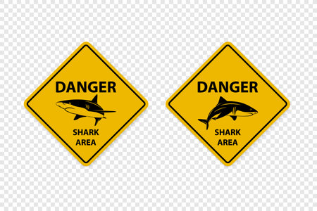 Vector Yellow Shark Sighting Sign Set Isolated. Shark Attack Warning. Danger for Surfing and Swimming. Shark Zone, Area, Cautionのイラスト素材