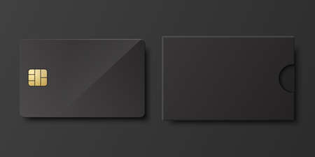 Vector 3d Realistic Black Blank Credit Card, Paper Wallet, Envelope, Packing Cower Isolated. Plastic Credit, Debit Card Design Template for Mockup, Branding. Credit Card Payment Concept. Front Viewのイラスト素材