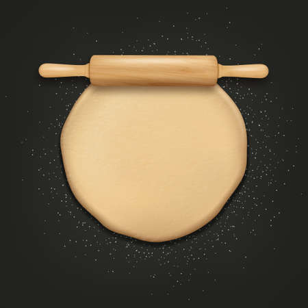 Vector 3d Realistic Raw Bread, Pizza Rolled Dough Pastry Sheet, Rolling Pin, Dough Roller. Mixing Dough, Flour. Template for Baking, Pizza, Biscuits, Bread Design. Bakery, Kitchen Concept. Top Viewのイラスト素材
