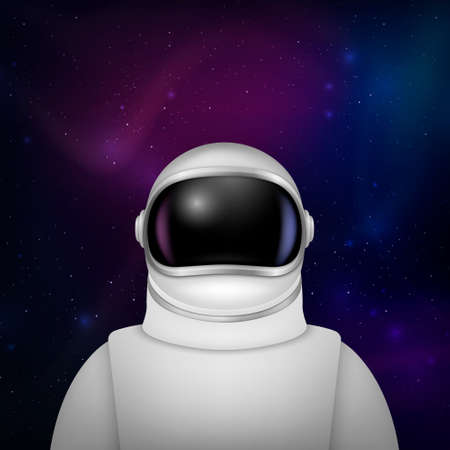 Vector 3d Realistic Spaceman, Astronaut. Spacesuit, Astronaut Helmet on Space Background. Cosmonaut Suit with Transparent Glass Visor for Space Exploration. White Suit for Spaceman, Protectionのイラスト素材