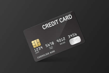 Vector 3d Realistic Black Credit Card on Black Backgrouns. Design Template of Plastic Credit or Debit Card for Mockup, Branding. Credit Card Payment Concept. Front Viewのイラスト素材