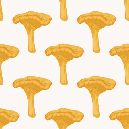 Vector Seamless Pattern with Chanterelle Mushroom on White. Seamless Texture, Hand Drawn Cartoon Chanterelle Mushrooms. Design Template for Textile, Wallpaper, Print. Cantharellus Cibariusのイラスト素材