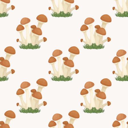 Vector Seamless Pattern with Honey Agaic Mushroom on White. Seamless Texture, Hand Drawn Cartoon Honey Agaric Mushrooms. Design Template for Textile, Wallpaper, Printのイラスト素材