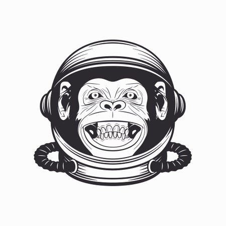 Vector Smiling Chimpanzee Ape with Astronaut Helmet, Funny Monkey with Cosmonaut Mask for Space Exploration. Spaceman Head Protection for Wall Art, T-shirt Print, Poster. Cartoon Cute Chimp Monkeyのイラスト素材