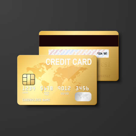 Vector 3d Realistic Golden Credit Card Isolated. Design Template of Plastic Credit or Debit Card for Mockup, Branding. Credit Card Payment Concept. Front Back Viewのイラスト素材