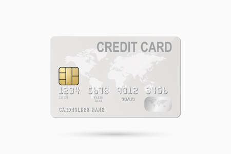 Vector 3d Realistic White Credit Card with Worl Map Isolated on White Background. Design Template of Plastic Credit or Debit Card. Credit Card Payment Concept. Front Viewのイラスト素材