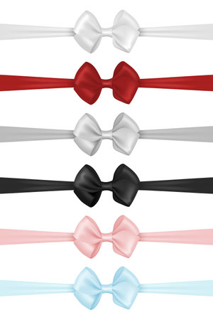 Vector 3d Realistic Silk, Satin Gift White, Red, Pink, Black, Gray, Blue Bow Icon Set Closeup Isolated. Vector Bows for Birthday, Christmas Presents, Gifts, Invitation, Cards. Holiday Decorationのイラスト素材