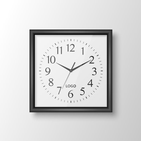 Vector 3d Realistic Square Wall Office Clock with Black Frame, Design Template Isolated on White....
