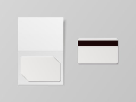 Vector 3d Realistic White Guest Room, Plastic Hotel Apartment Keycard, ID Card, Sale, Credit Card with Magnetic Strip. Design Template with Paper Cover Case, Wallet for Mockup, Branding. Top Viewのイラスト素材