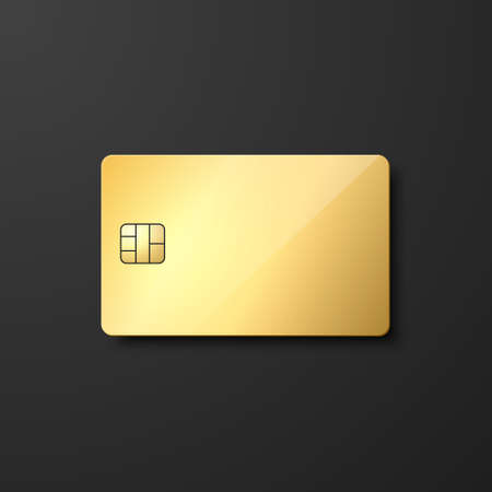 Vector 3d Realistic Blank Golden Credit Card with Chip Isolated. Design Template of Plastic Credit or Debit Card for Mockup, Branding. Front, Top Viewのイラスト素材