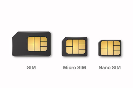 Vector 3d Realistic Black Plastic Sim, Micro Sim, Nano Sim Card Template Set Isolated. Design Template of Sim Card for Mockup, Branding. Top Viewのイラスト素材