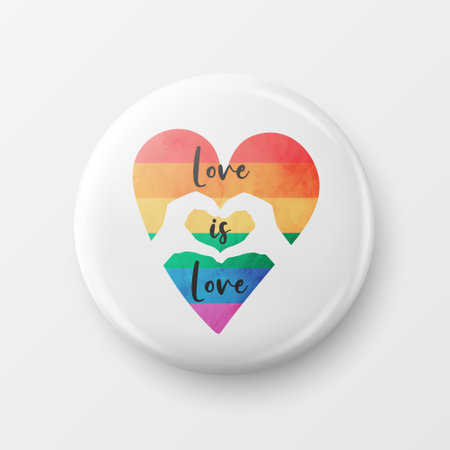 Love is Love. Button Pin Badge with LGBT Quote, Pride Month Celebrate Concept. Typography with Qute with Lgbt Rainbow, Transgender Flag. LGBT, Gays, Lesbians, Fight for Human Rightsのイラスト素材