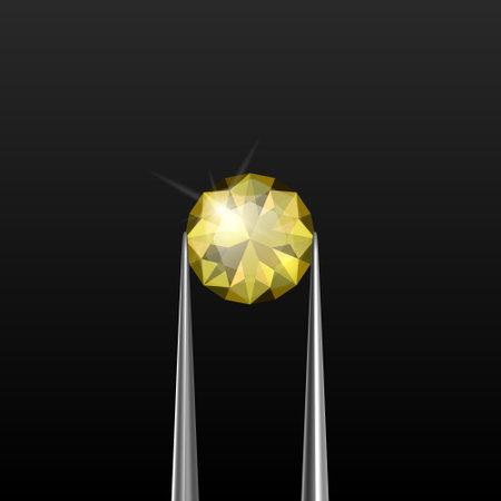 Vector 3d Realistic Transparent Yellow Gemstone, Diamond, Crystal, Rhinestone with Jewelry Tongs Closeup on Black Background. Jewerly Concept. Design Template, Clipartのイラスト素材
