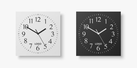 Vector 3d Realistic White, Black Square Wall Office Clock Set, Design Template Isolated on White. Dial with Roman Numerals. Mock-up of Wall Clock for Branding and Advertise Isolated. Clock Face Designのイラスト素材