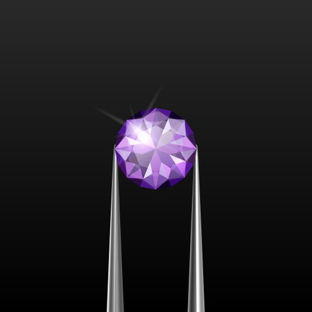 Vector 3d Realistic Transparent Purple Gemstone, Diamond, Crystal, Rhinestone with Jewelry Tongs Closeup on Black Background. Jewerly Concept. Design Template, Clipartのイラスト素材