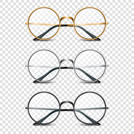 Vector 3d Realistic Round Golden, Silver, Black Frame Glasses Set isolated, Transparent Sunglasses for Women and Men, Accessory. Optics, Lens, Vintage, Trendy Glasses. Front Viewのイラスト素材