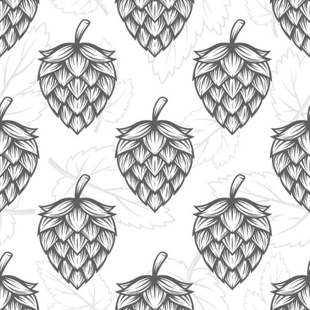 Vector Black and White Seamless Pattern with Hand Drawn Cartoon Hop, Repeated Hop Print. Hop Design for Textile, Wallpapers, Cards, Fabrics, Packaging, Wrappingのイラスト素材