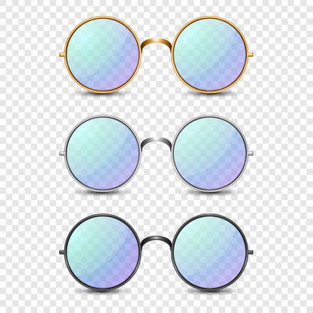 Vector 3d Realistic Round Frame Glasses Set with Blue Glass isolated, Transparent Sunglasses for Women and Men, Accessory. Optics, Lens, Vintage, Trendy Glasses. Front Viewのイラスト素材