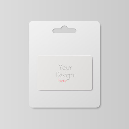 Vector 3d Realistic White Gift Card, Certificate, Guest Room, Plastic Hotel Apartment Keycard, ID Card, Sale, Credit Card Design Template with Paper Blister. Template for Mockup, Branding. Top Viewのイラスト素材