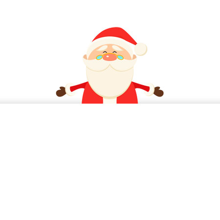 Vector Cute Funny Smiling Santa Claus Peeking Out From Behind a Banner, Signboard. Merry Christmas and Happy New Year Holiday Greeting Cardのイラスト素材