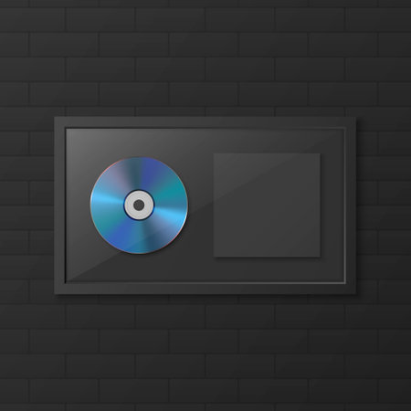 Realistic Vector 3d Yellow Golden CD, Label with Black CD Cover Frame Isolated on Black Brick Wall Background. Single Album Compact Disc Award, Limited Edition. CD Design Templateのイラスト素材