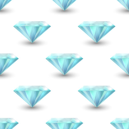 Vector Seamless Pattern with 3d Realistic Gemstone, Crystal, Rhinestones on White Background. Jewerly Concept. Design Template. Gems, Crystals, Rhinestones or Gemstones, Top Viewのイラスト素材