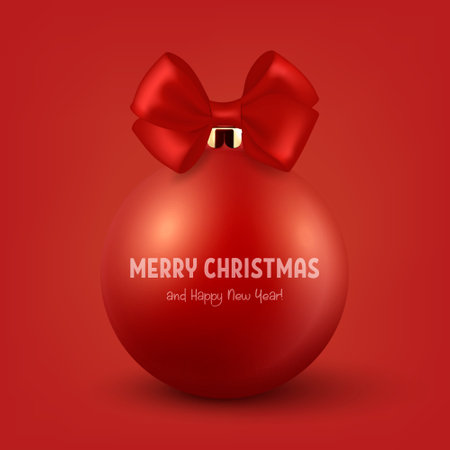Vector Realistic 3d Red Christmas Glass Ball with Red Silk Bow Closeup Isolated on Red. Design Template of Xmas and New Year Tree Toy Decoration Ball for Mockup. Front Viewのイラスト素材