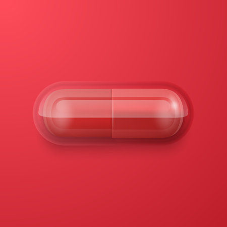 Vector 3d Realistic Red Pharmaceutical Medical Pill, Capsule, Tablet on Red Background. Top, Front View. Flat Lay. Copy Space. Medicine, Women s Health Conceptのイラスト素材