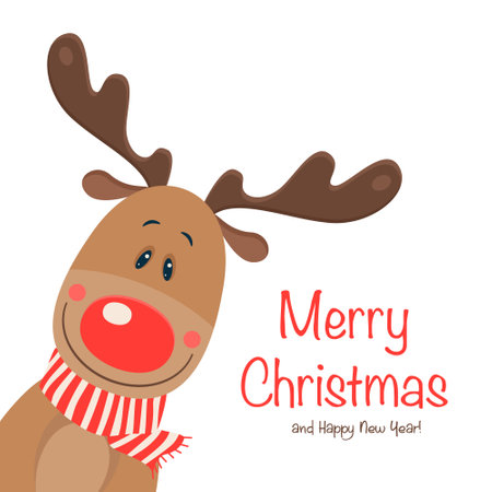 Vector Cute and Funny Christmas Deer. Cartoon Christmas Reindeer, Design Template for New Year 2023 Card, Christmas Poster, Sticker, T-shirt Print, Kids Designのイラスト素材