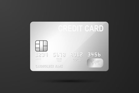 Vector 3d Realistic Gray Silver Credit Card on Black Background. Design Template of Plastic Credit or Debit Card for Mockup, Branding. Credit Card Payment Concept. Front Viewのイラスト素材