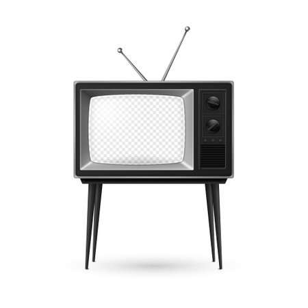 Vector 3d Realistic Retro TV Receiver with Transparent Screen and Antenna Isolated on White Background. Home Interior Design Concept. Vintage TV Set, Television, Front Viewのイラスト素材
